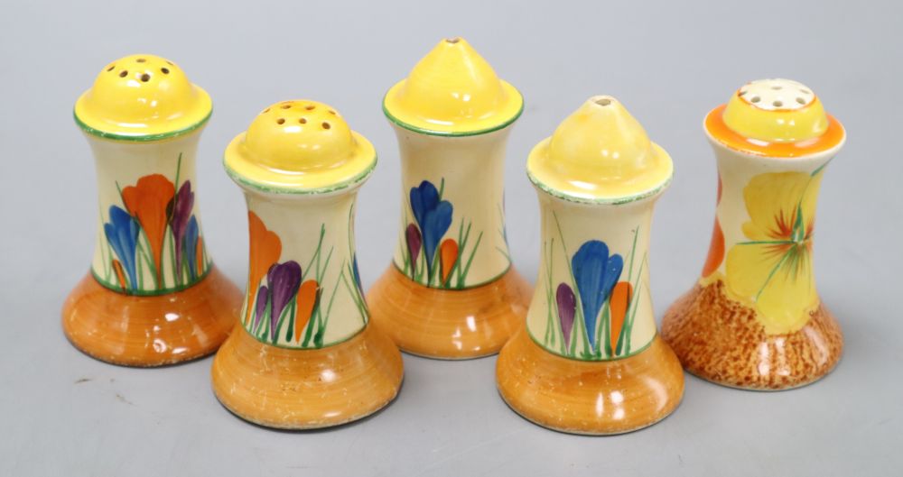 Five Clarice Cliff crocus pattern condiments, tallest 9cm